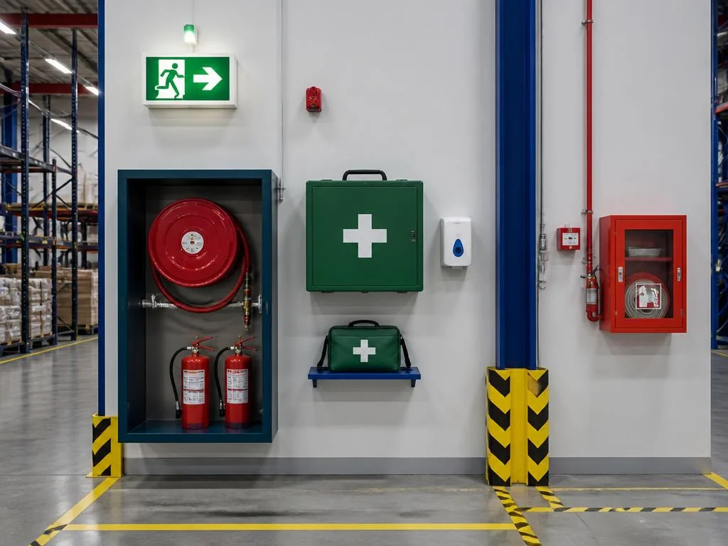 Señalización y emergencias: extintores, kit de primeros auxilios, señales de evacuación y demarcación